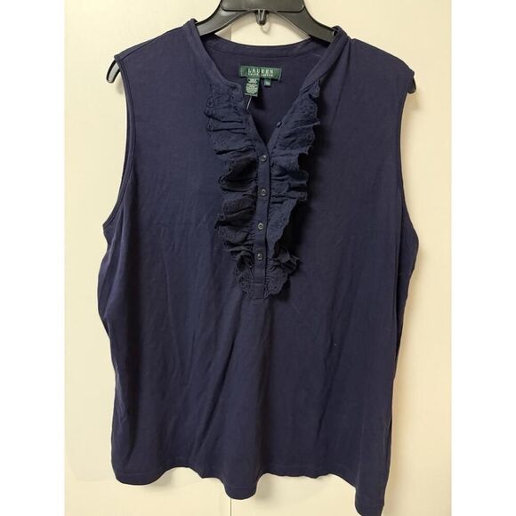 NWT Ralph Lauren Women Sleeveless Ruffle Blouse Top Blue 2X Preppy Cotton $65 - Picture 1 of 9